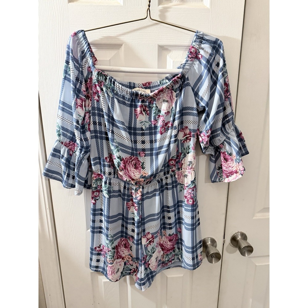 Peach Love California Off The‎ shoulder Romper Size Large Blue Floral